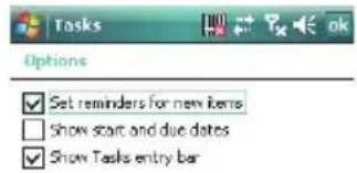 Options ✓ Set reminders for new items ☐ Show start and due dates ✓ Show Tasks entry bar