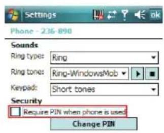 Settings Phone - 236-890 Sounds Ring types: Ring Ring tones: Ring-WindowsMob Keypad: Short tones Security Require PIN when phone is used Change PIN