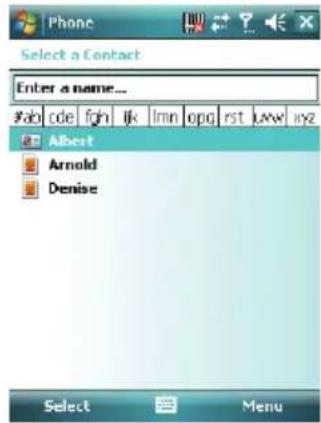 Phone Select a Contact Enter a name... fab cde fgh jk lmn opg rst kW xz Albert Arnold Denise Select Menu