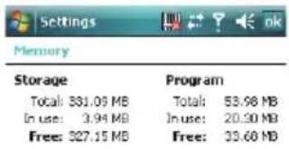 Settings Memory Storage Program Total: 331.09 MB Total: 53.98 MB In use: 3.94 MB In use: 20.30 MB Free: 327.15 MB Free: 35.68 MB