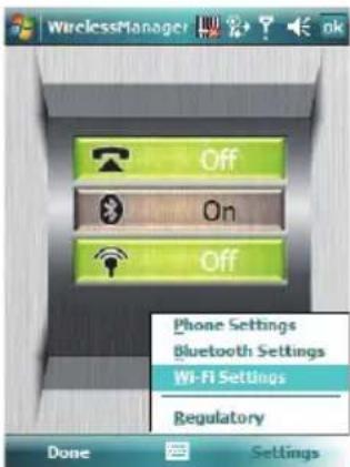 WirelessManager Off On Off Phone Settings Bluetooth Settings Wi-Fi Settings Regulatory Done Settings