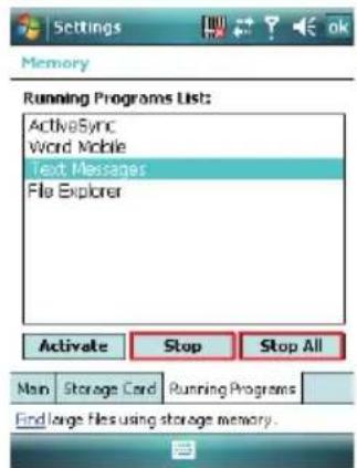 Settings Memory Running Programs List: ActiveSync Word Mobile Text Messages File Explorer Activate Stop Stop All Main Storage Card Running Programs Find large files using storage memory.
