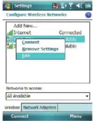 Configure Wireless Networks Add New... Internet Connected Connect Remove Settings Edit Networks to access: All Available Wireless Network Adapters Connect Menu