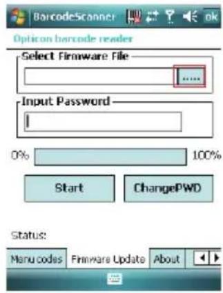 BarcodeScanner Option barcode reader Select Firmware File ... Input Password 0% 100% Start ChangePWD Status: Manu codes Firmware Update About