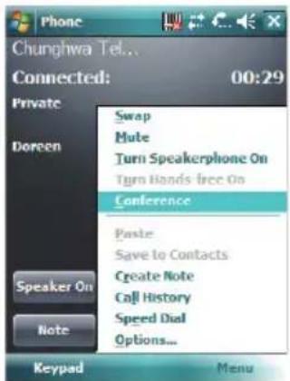 Phone Chunghwa Tel... Connected: 00:29 Private Doreen Speaker On Note Swap Mute Turn Speakerphone On Turn Hands Free On Conference Paste Save to Contacts Create Note Call History Speed Dial Options... Keypad Menu