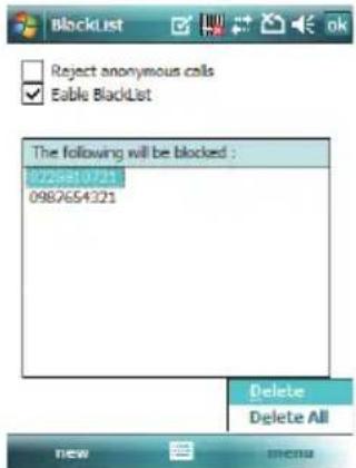 Reject anonymous calls Enable BlackList The following will be blocked : 025810721 0982654321 Delete Delete All new menu