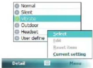 Normal Silent Vibrate Outdoor Headset User define Select Edit Reset item Current setting Detail Menu