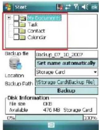 Start My Documents Task Contact Calendar Backup file Backup_07_10_2007 Set name automatically Storage Card [Storage Card][Backup File] Location Backup Path Backup Disk Information File size OKB Available 476 MB Storage Card 0% 100%