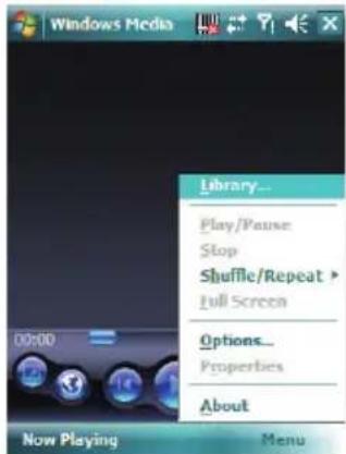 Windows Media Library... Play/Pause Stop Shuffle/Repeat > Full Screen Options... Properties About Now Playing Menu