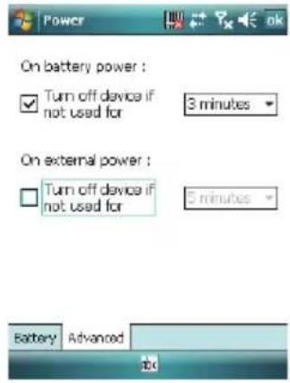 On battery power : ✓ Turn off device if not used for 3 minutes On external power : ☐ Turn off device if not used for 5 minutes Battery Advanced