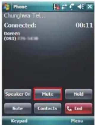 Phone Chunghwa Tel... Connected: 00:11 Doreen (093) 726-5418 Speaker On Mute Hold Note Contacts End Keypad Menu