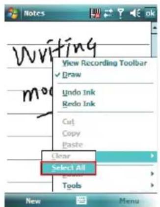 Notes View Recording Toolbar ✓ Draw Undo Ink Redo Ink Cut Copy Paste Clear Select All Tools New Menu
