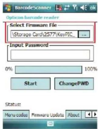 BarcodeScanner Opticon barcode reader Select Firmware File \Storage Card\2577\KeyPIC_ ... Input Password 0% 100% Start ChangePWD Status: Menu codes Firmware Update About