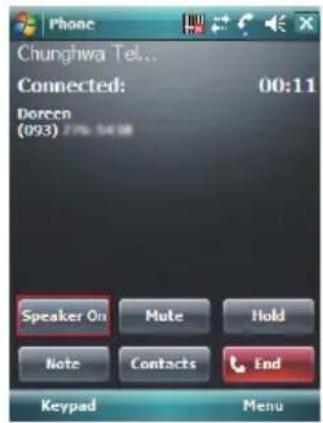 Phone Chunghwa Tel... Connected: 00:11 Doreen (093) 27% 54.18 Speaker On Mute Hold Note Contacts End Keypad Menu