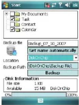 Start My Documents Task Contact Calendar Backup file Backup_07_10_2007 Set name automatically DekOnChip Location Backup Path Disk OnChip\Backup File\ Backup Disk Information File size 1 KB Available 15 MB Disk OnChip 0% 100%
