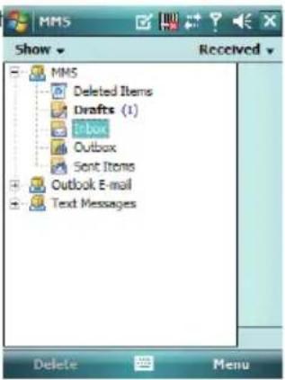 MMS Show Received MMS Deleted Items Drafts (1) InBox Outbox Sent Items Outlook E-mail Text Messages