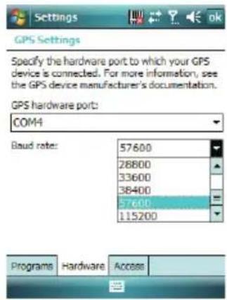 GPS Settings Specify the hardware port to which your GPS device is connected. For more information, see the GPS device manufacturer's documentation. GPS hardware port: COM4 Baud rate: 57600 28800 33600 38400 57600 115200 Programs Hardware Access