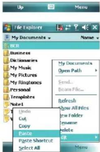 File Explorer My Documents Name BCR Business Dictionaries My Music My Pictures My Ringtones Personal Templates Note1 Undo Cut Copy Paste Paste Shortcut Select All My Documents Open Path Send... Beam File... Refresh Show All Files New Folder Rename Delete DR Menu