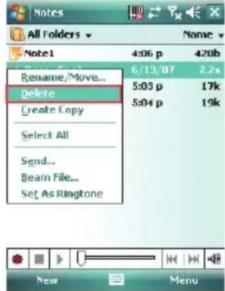 Notes All Folders Note1 Rename/Move... Delete Create Copy Select All Send... Beam File... Set As Ringtone 4:06 p 6/13/07 5:03 p 5:04 p 420b 2.2x 17k 19k