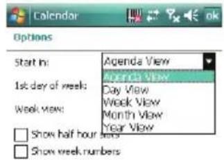 Start in: 1st day of week: Week view: Show half hour Show week numbers Agenda View Day View Week View Month View Year View