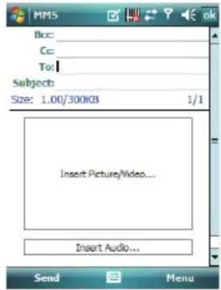 Bcc: Cc: To: Subject: Size: 1.00/300KB 1/1 Insert Picture/Video... Insert Audio... Send Menu