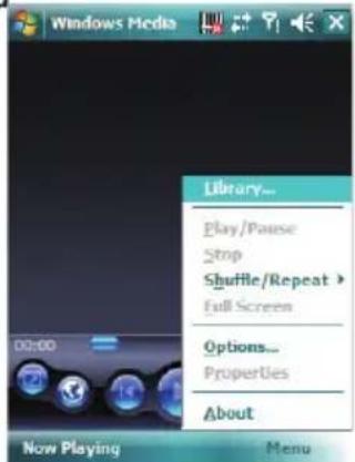 Windows Media Library... Play/Pause Stop Shuffle/Repeat > Full Screen Options... Properties About Now Playing Menu