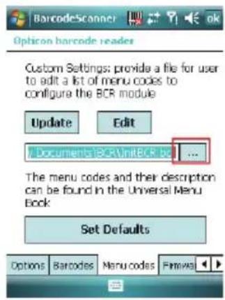 BarcodeScanner Option barcode reader Custom Settings: provide a file for user to edit a list of menu codes to configure the BCR module Update Edit Documents BCRUnitBCR unit ... The menu codes and their description can be found in the Universal Menu Book: Set Defaults Options Barcodes Menu codes Fine/NA