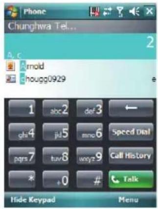 Phone Chunghwa Tel... A.c Arnold hougg0929 1 abc2 def3 ← ch4 jul5 mnc6 Speed Dial pqrs7 tuv8 wxyz9 Call History * 0 # Talk Hide Keypad Menu