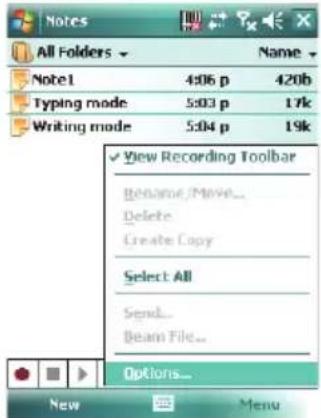All Folders Note1 4:06 p 420b Typing mode 5:03 p 17k Writing mode 5:04 p 19k View Recording Toolbar Rename,Move... Delete Create Copy Select All Send... Beam File... Options...