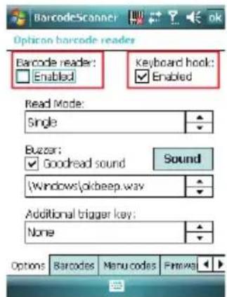 BarcodeScanner Option barcode reader Barcode reader: Enabled Keyboard hook: Enabled Read Mode: Single Buzzer: Goodread sound Sound \Windows\okbeep.wav Additional trigger key: None Options Barcodes Menu codes Fimwals