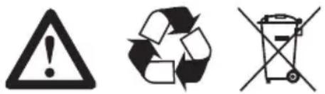 Three black-and-white symbols representing hazardous waste, including a warning triangle, a recycling symbol, and a no-smoking trash can.