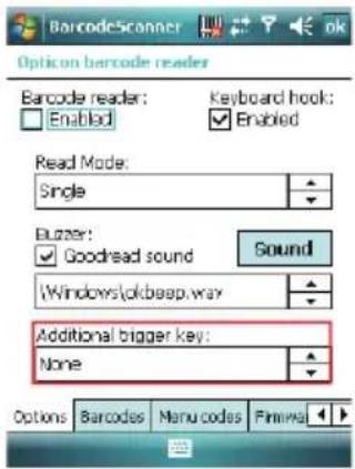 BarcodeScanner Option barcode reader Barcode reader: Enabled Keyboard hook: Enabled Read Mode: Single Bugger: Goodread sound Sound Windows\okbeap.way Additional bigger key: None Options Barcodes Menu codes Minimal