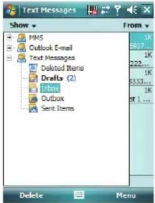 Text Messages Show MMS Outlook E-mail Text Messages Deleted Items Drafts (2) Inbox Outbox Sent Items From 1K 8637... 1K 222... 1K 8333... 1K at 1... Delete Menu