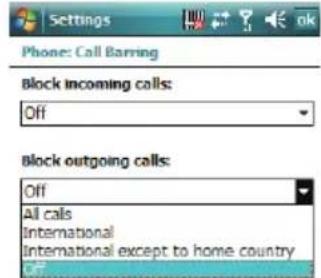 Settings Phone: Call Barring Block incoming calls: Off Block outgoing calls: Off All calls International International except to home country