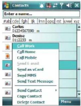 Enter a name... #ab cde fgh jk lmn opg rst uww xyz Carlos 01234567890 m Denise 0112233 m Call Work Call Home Call Mobile Send E-mail Send as vCard Send MMS Send Text Message Send Contact Copy Contact Delete Contact Menu