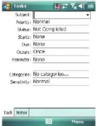 Subjects: Priority: Normal Status: Not Completed Starts: None Due: None Occurs: Once Reminder: None Categories: No categories... Sensitivity: Normal Task Notes Menu