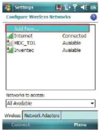 Settings Configure Wireless Networks Add New... Internet Connected MDC_TDI Available Inventec Available Networks to access: All Available Wireless Network Adapters Connect Menu