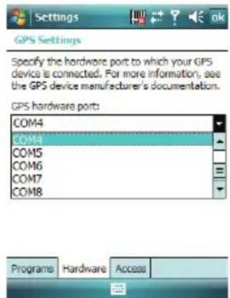 GPS Settings Specify the hardware port to which your GPS device is connected. For more information, see the GPS device manufacturer's documentation. GPS hardware port: COM4 COM5 COM6 COM7 COM8 Programs Hardware Access