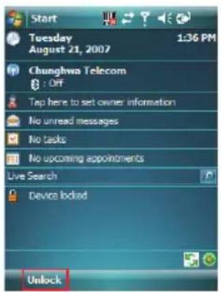 Start Tuesday August 21, 2007 1:36 PM Chunghwa Telecom : Off Tap here to set owner information No unread messages No tasks No upcoming appointments Live Search Device locked Unlock