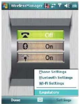 WirelessManager Off On On Phone Settings Bluetooth Settings Wi-Fi Settings Regulatory Done Settings