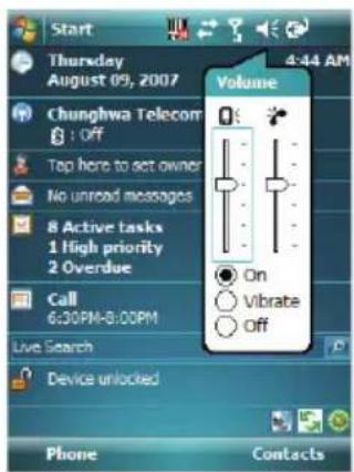 Start Thursday August 09, 2007 Chunghwa Telecom : off Top here to set owner No unread messages 8 Active tasks 1 High priority 2 Overdue Call 6:30PM-8:00PM Live Search Device unlocked Volume On Vibrate Off Phone Contacts