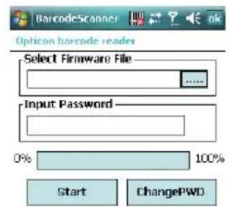 BarcodeScanner Option barcode reader Select Firmware File ... Input Password 0% 100% Start ChangePWD