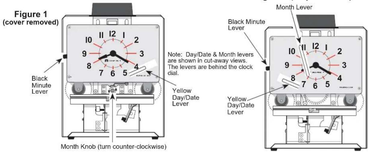 Figure 1 (cover removed) Black Minute Lever Month Knob (turn counter-clockwise) Note: Day/Date & Month levers are shown in cut-away views. The levers are behind the clock dial. Yellow Day/Date Lever Black Minute Lever Month Lever Yellow Day/Date Lever
