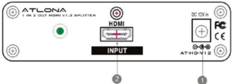 ATLONA 1 IN 2 OUT HDMI V1.3 SPLITTER HDMI INPUT DC 12V in CE AT-HD-V1.2 ② ①