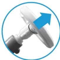 Close-up of a white mechanical component with a blue upward arrow, enclosed in a blue circular border (no text or symbols)