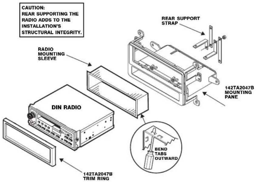 CAUTION: REAR SUPPORTING THE RADIO ADDS TO THE INSTALLATION'S STRUCTURAL INTEGRITY. REAR SUPPORT STRAP 142TA2047B MOUNTING PANE DIN RADIO 142TA2047B TRIM RING BEND TABS OUTWARD