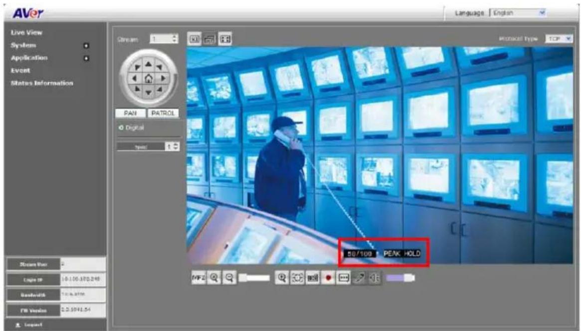 AVer Live View System Application Event Status Information Stream 1 PAN PATROL Digital Speed 1 50/100 PEAK HOLD Language English Protocol Type TCP Zoom User: 2 Logit SP 10.106.103.246 Baseline 10.6.3786 FB Version 2.0.1041.54 Logit