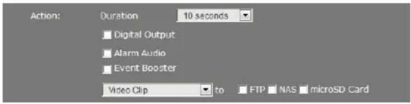 Action: Duration 10 seconds ■ Digital Output ■ Alarm Audio ■ Event Booster Video Clip to FTP NAS microSD card
