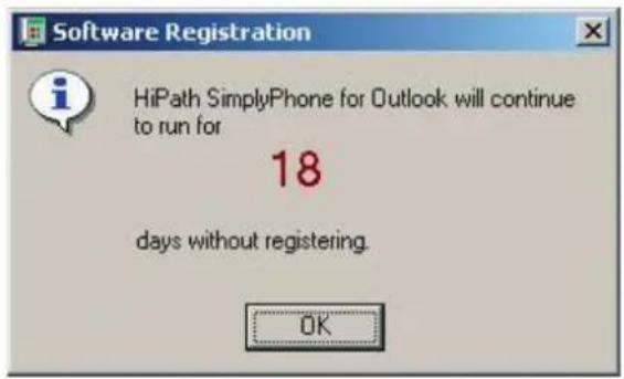 HiPath SimplyPhone for Outlook will continue to run for 18 days without registering. OK