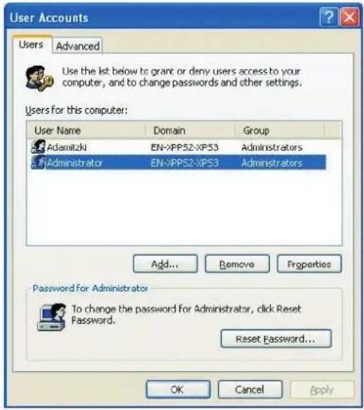 User Accounts Users Advanced Use the list below to grant or deny users access to your computer, and to change passwords and other settings. Users for this computer: User Name Domain Group Adamitzki EN-XPP52-XP53 Administrators Administrator EN-XPP52-XP53 Administrators Add... Remove Properties Password for Administrator To change the password for Administrator, click Reset Password. Reset Password... OK Cancel Apply